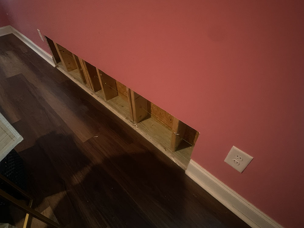 Lower wall flood cut showing exposed studs
